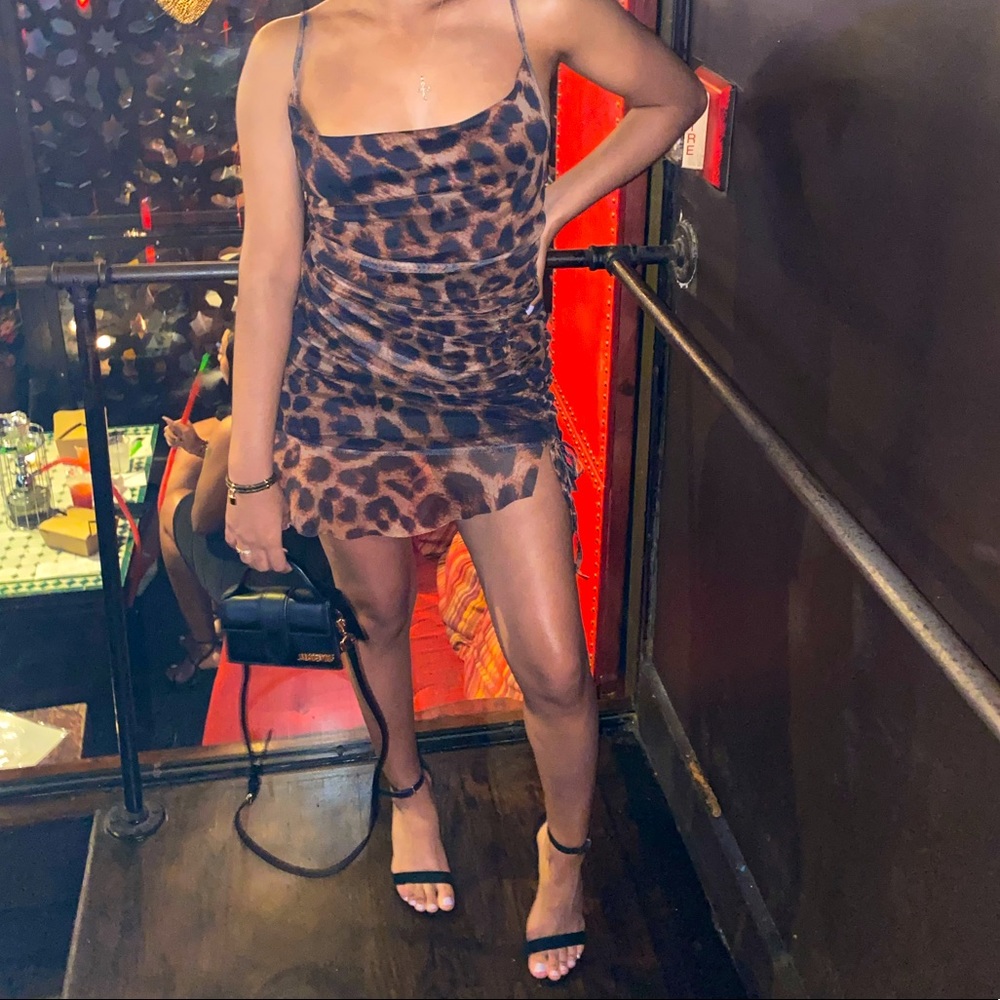 Brown Mesh Leopard Print Ruched Bodycon Dress